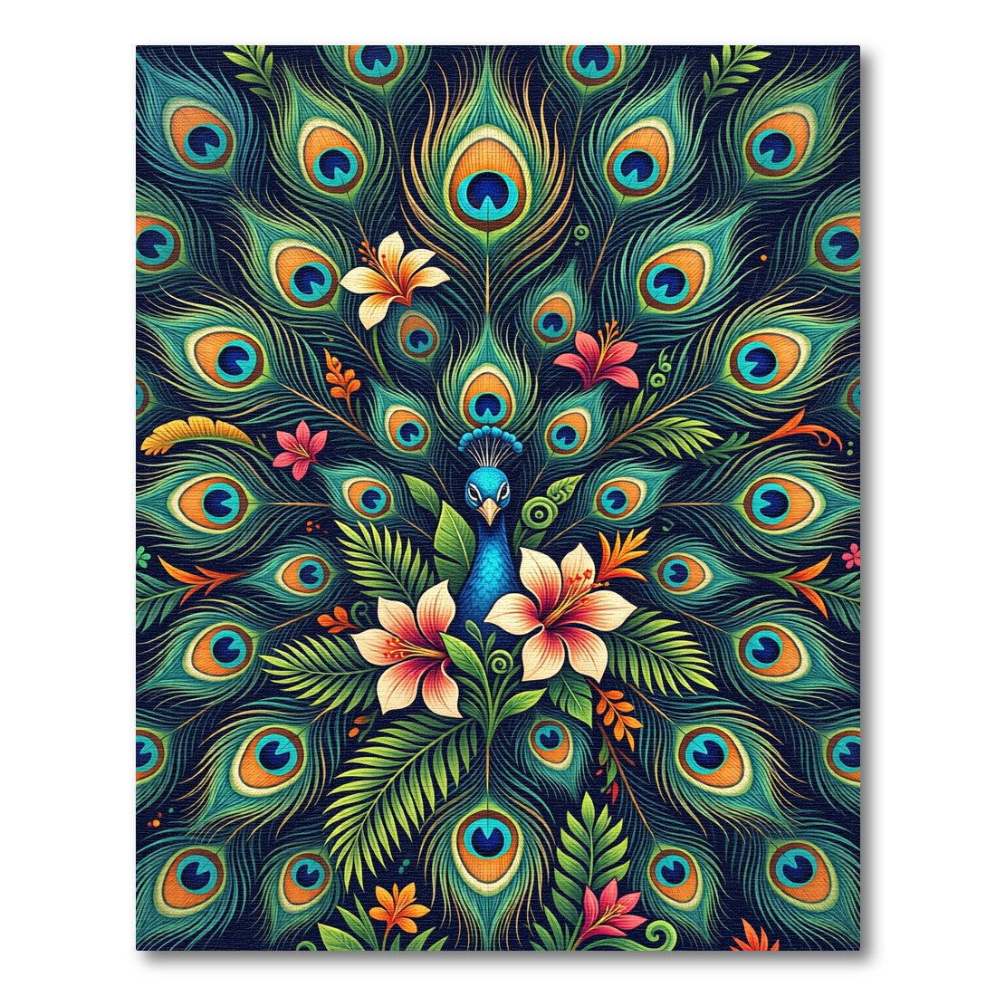 Vibrant Peacock Feathers and Tropical Blooms Rug