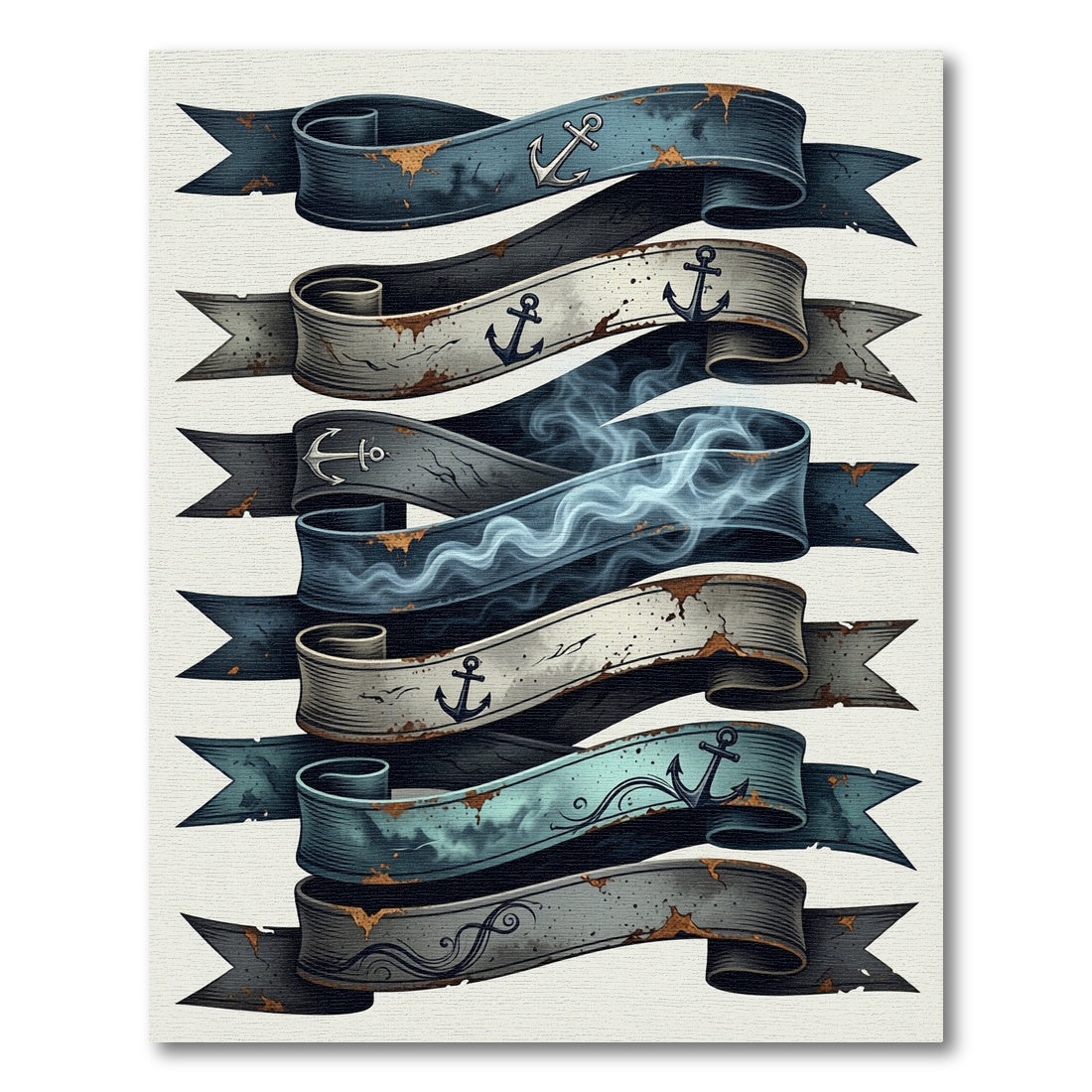 Nautical Anchor Ribbon Coastal Blue Scroll Rug