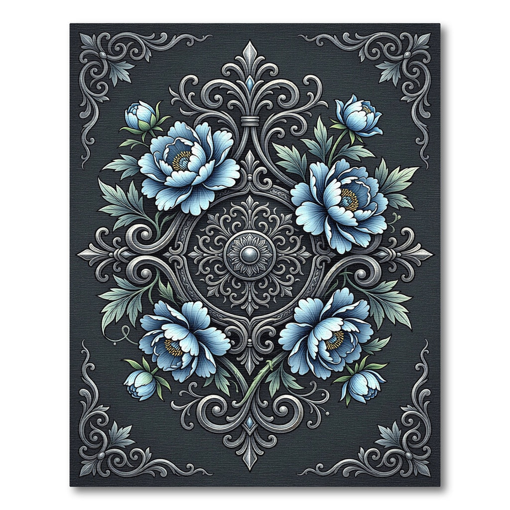 Elegant Azure Floral Damask Medallion Rug