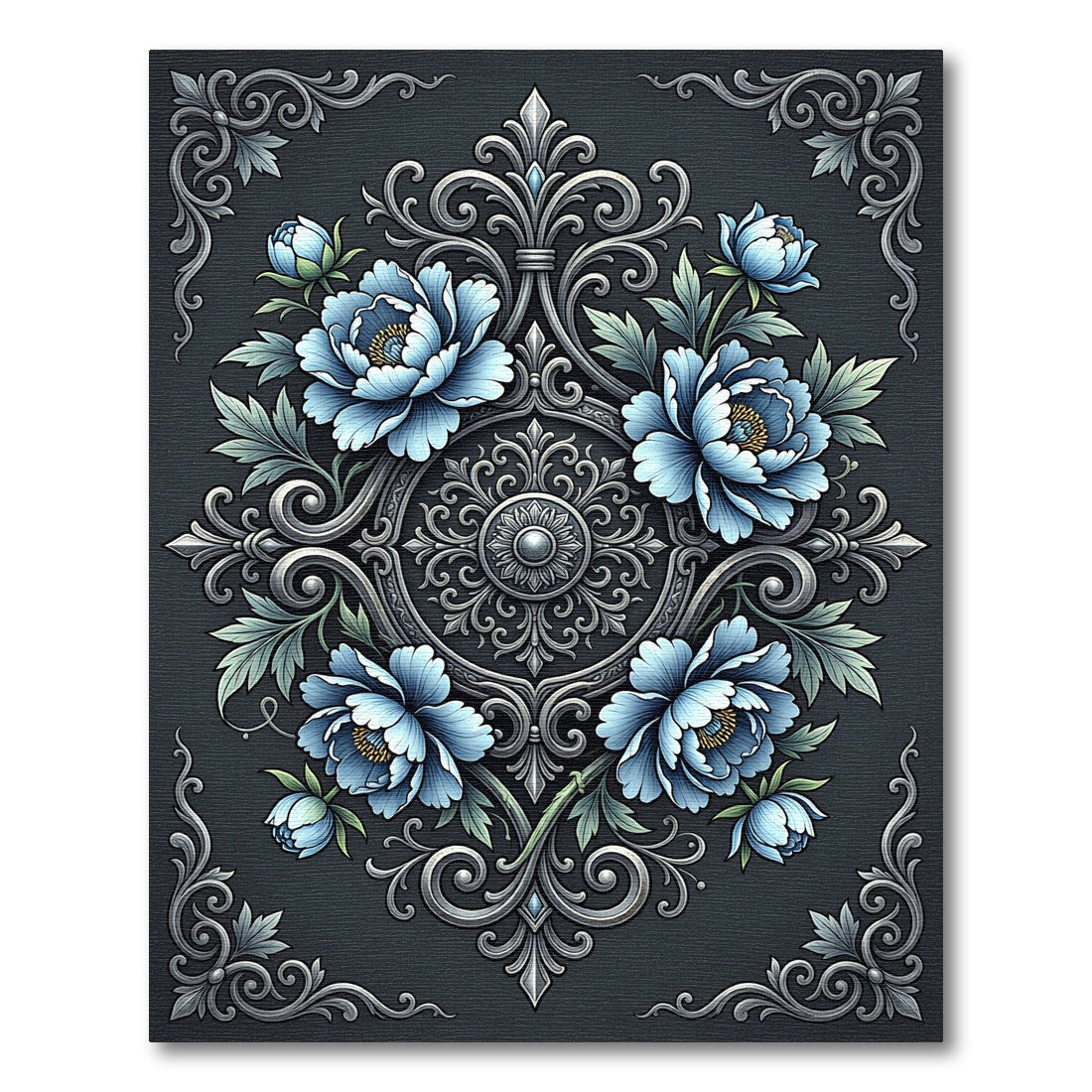 Elegant Azure Floral Damask Medallion Rug