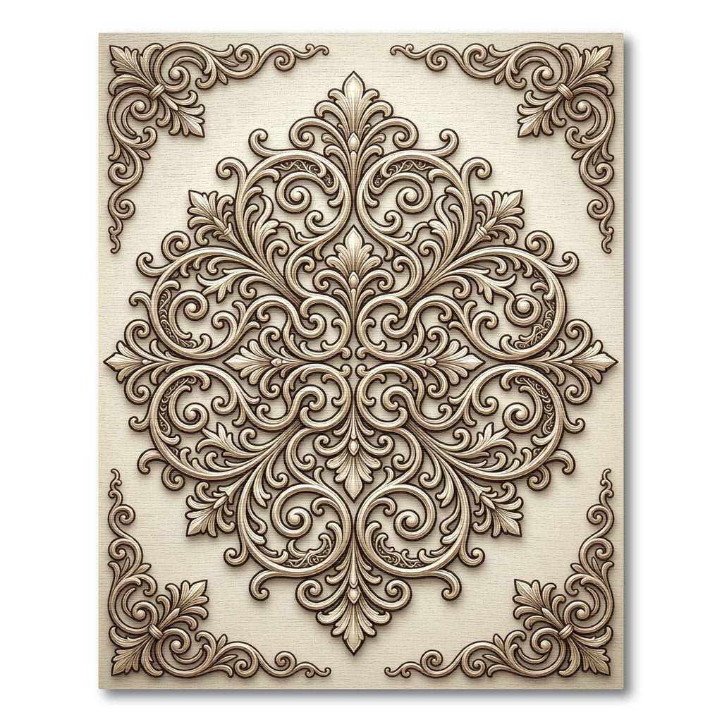 Cream Rococo Swirl Damask Medallion Rug