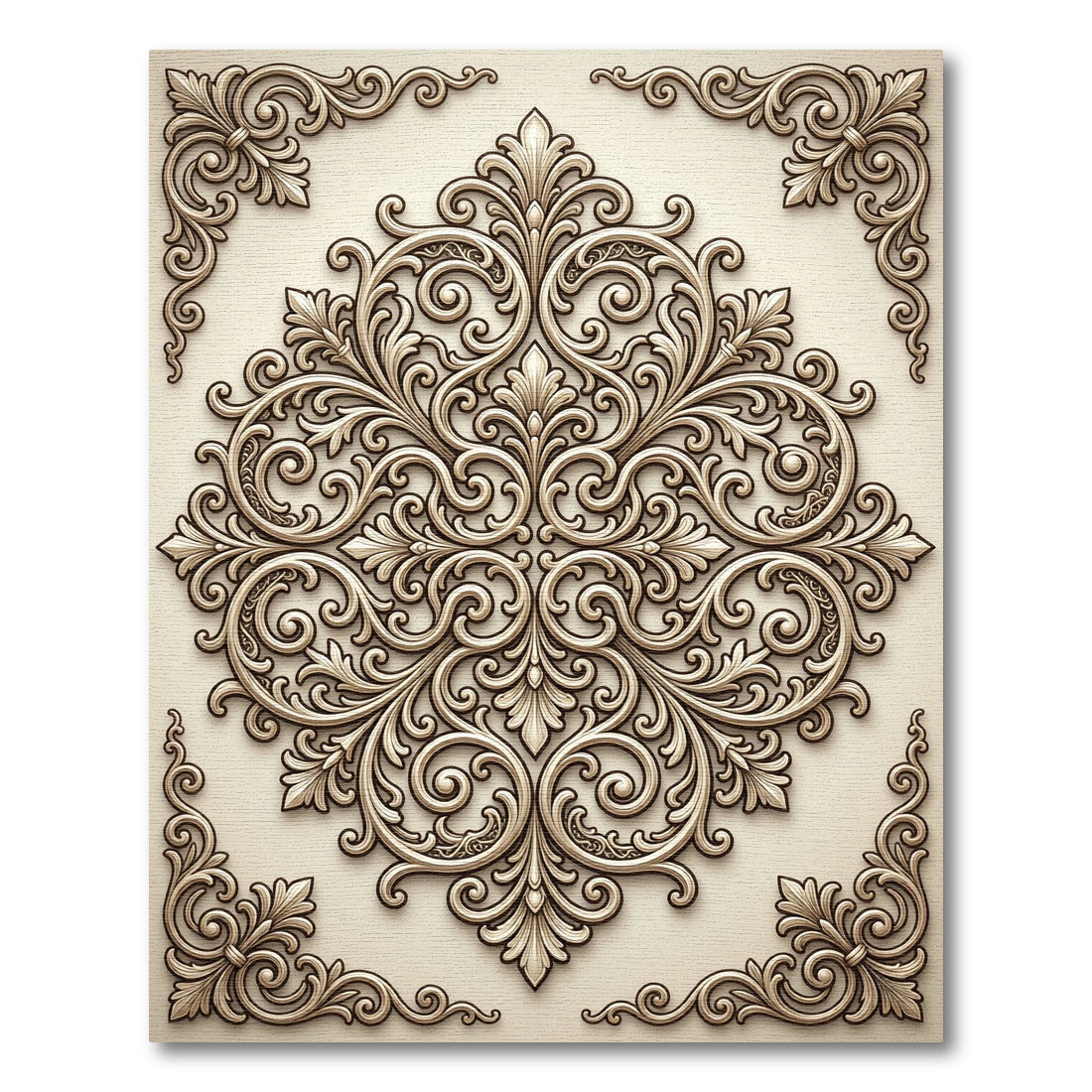 Cream Rococo Swirl Damask Medallion Rug