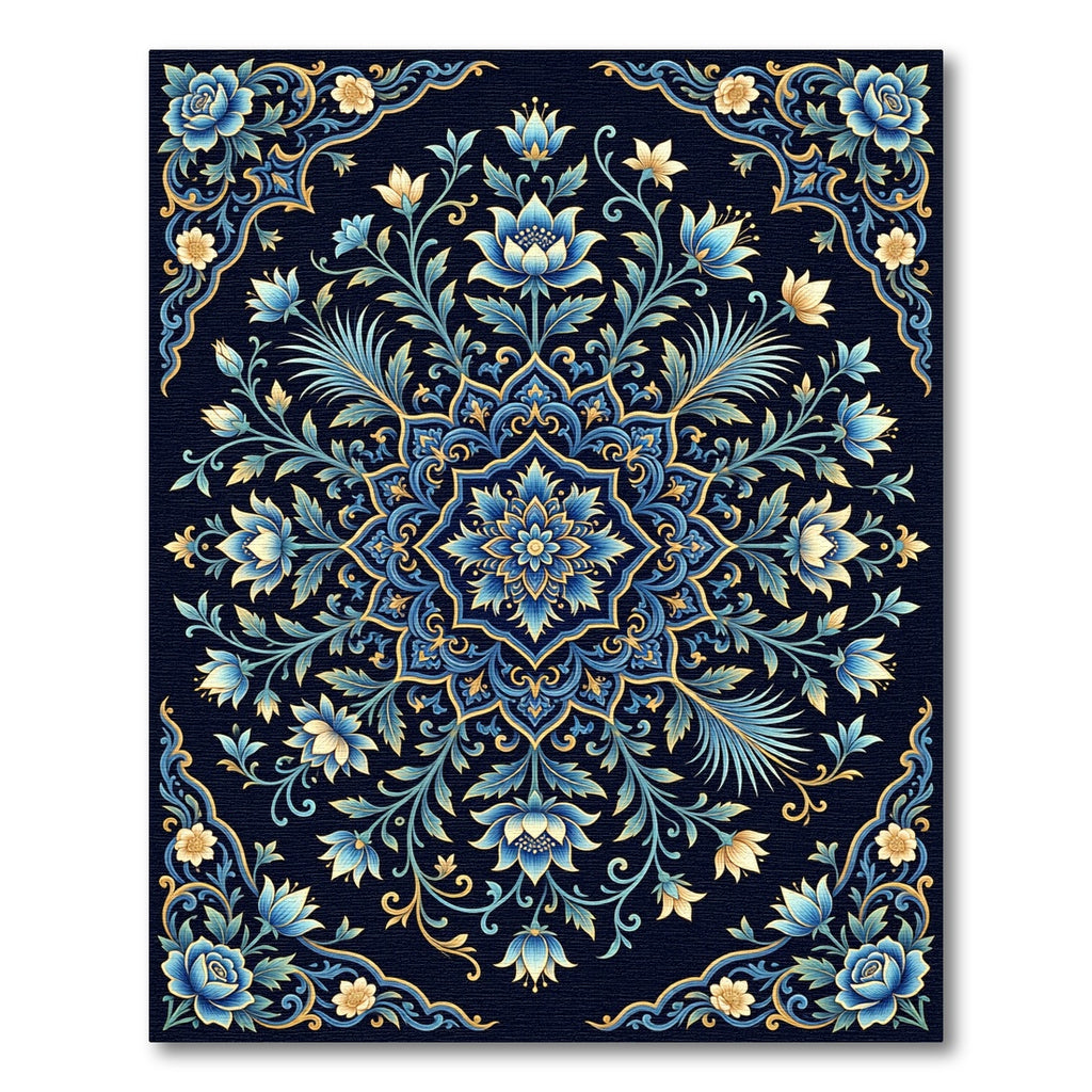 Ornate Blue Golden Botanical Mandala Rug