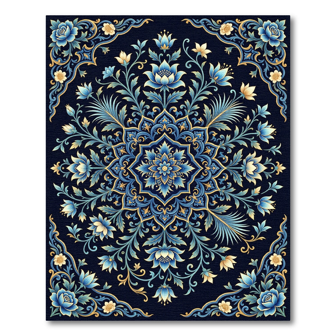 Ornate Blue Golden Botanical Mandala Rug
