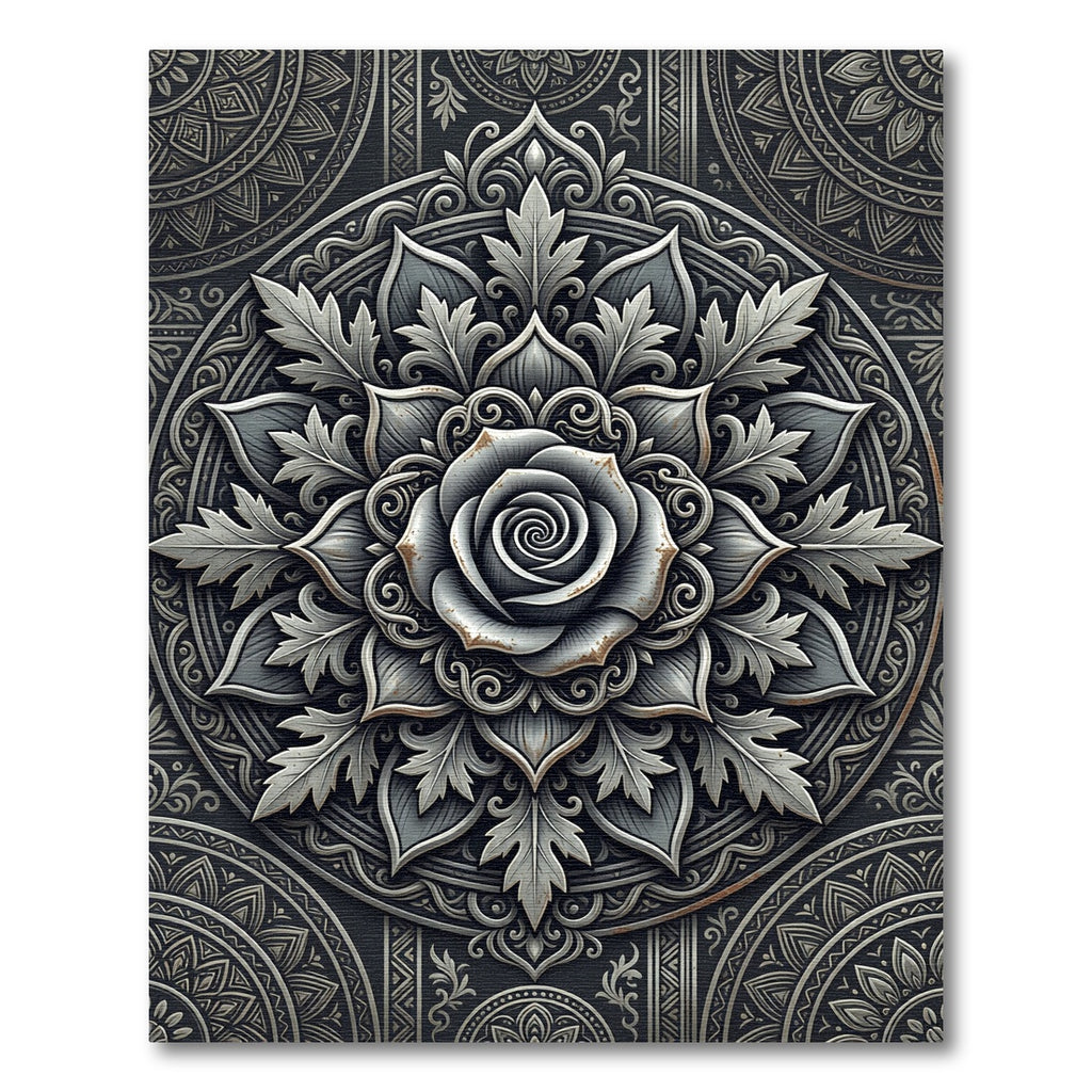 Monochrome Metallic Rose Floral Medallion Rug