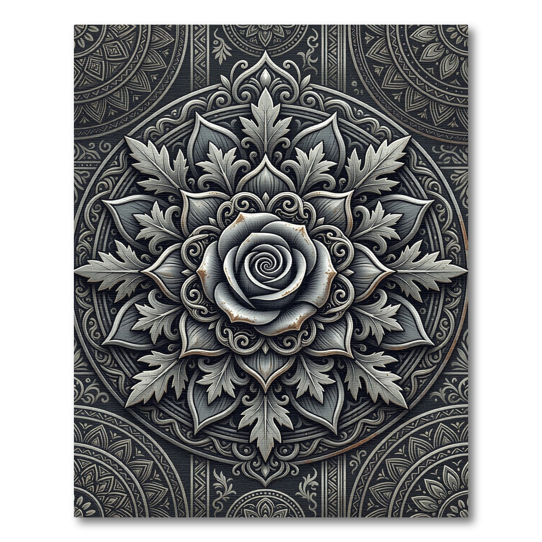 Monochrome Metallic Rose Floral Medallion Rug
