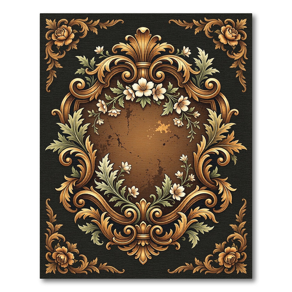 Ornate Golden Floral Leaf Scroll Rug