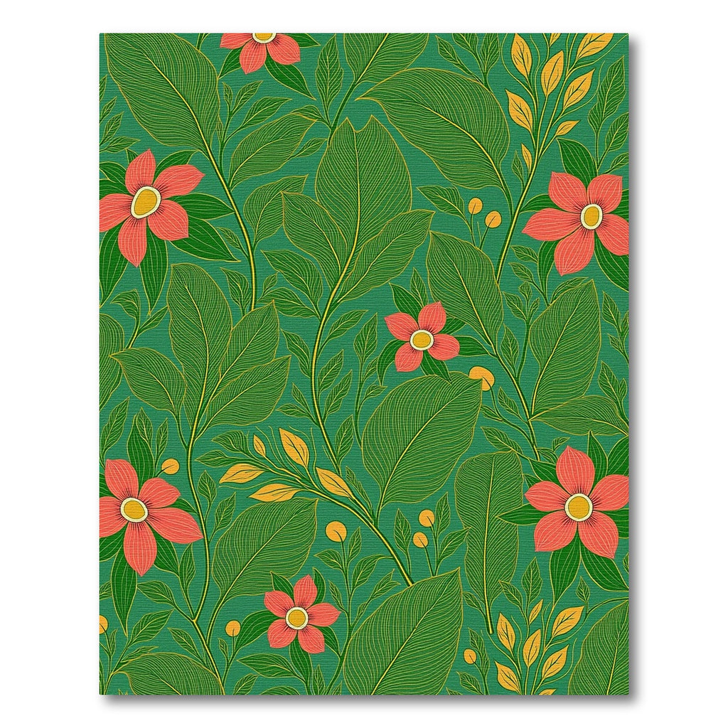 Vibrant Coral Floral Green Leaf Jungle Rug