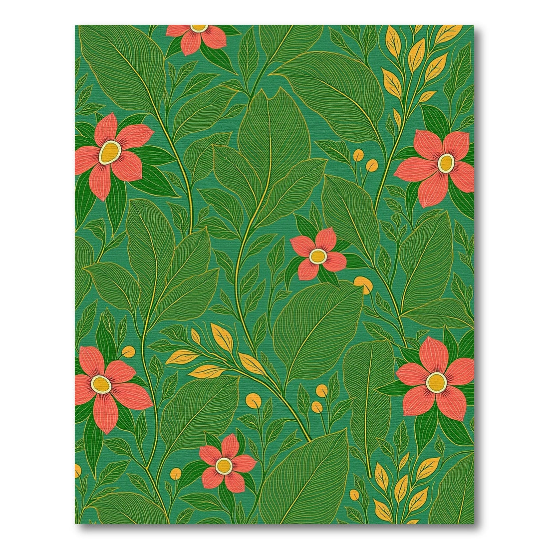 Vibrant Coral Floral Green Leaf Jungle Rug