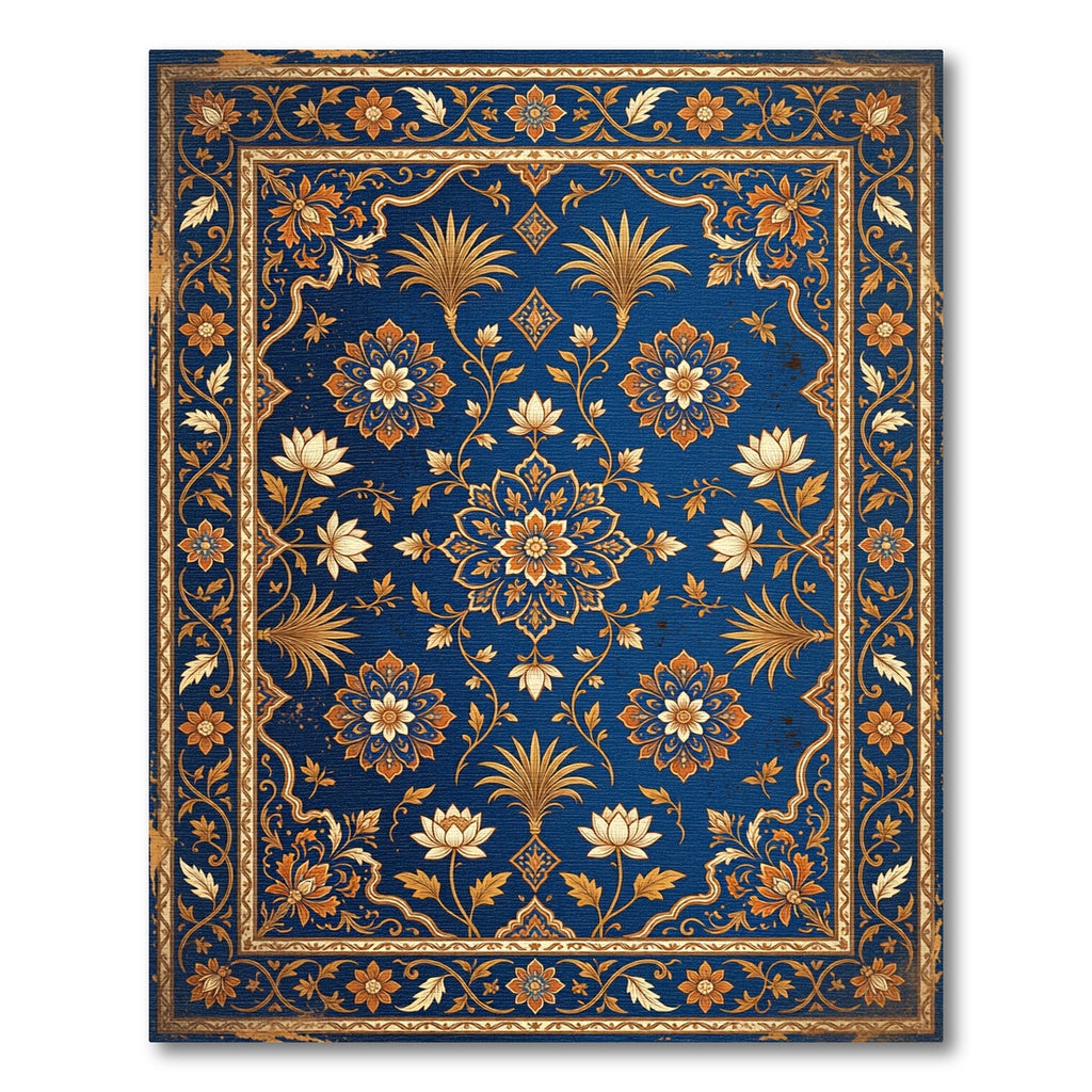 Royal Blue Floral Medallion Gold Accents Rug