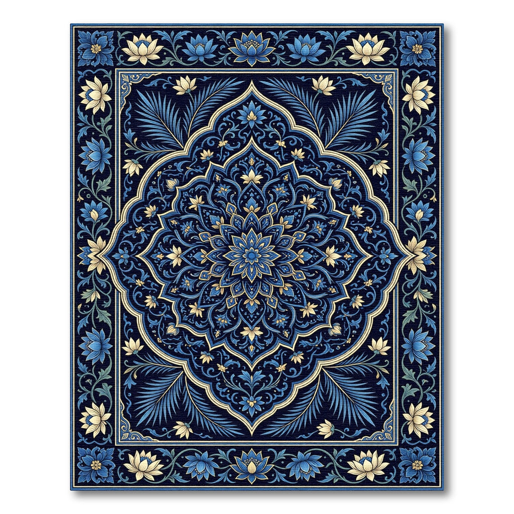 Deep Indigo Blue Floral Mandala Rug