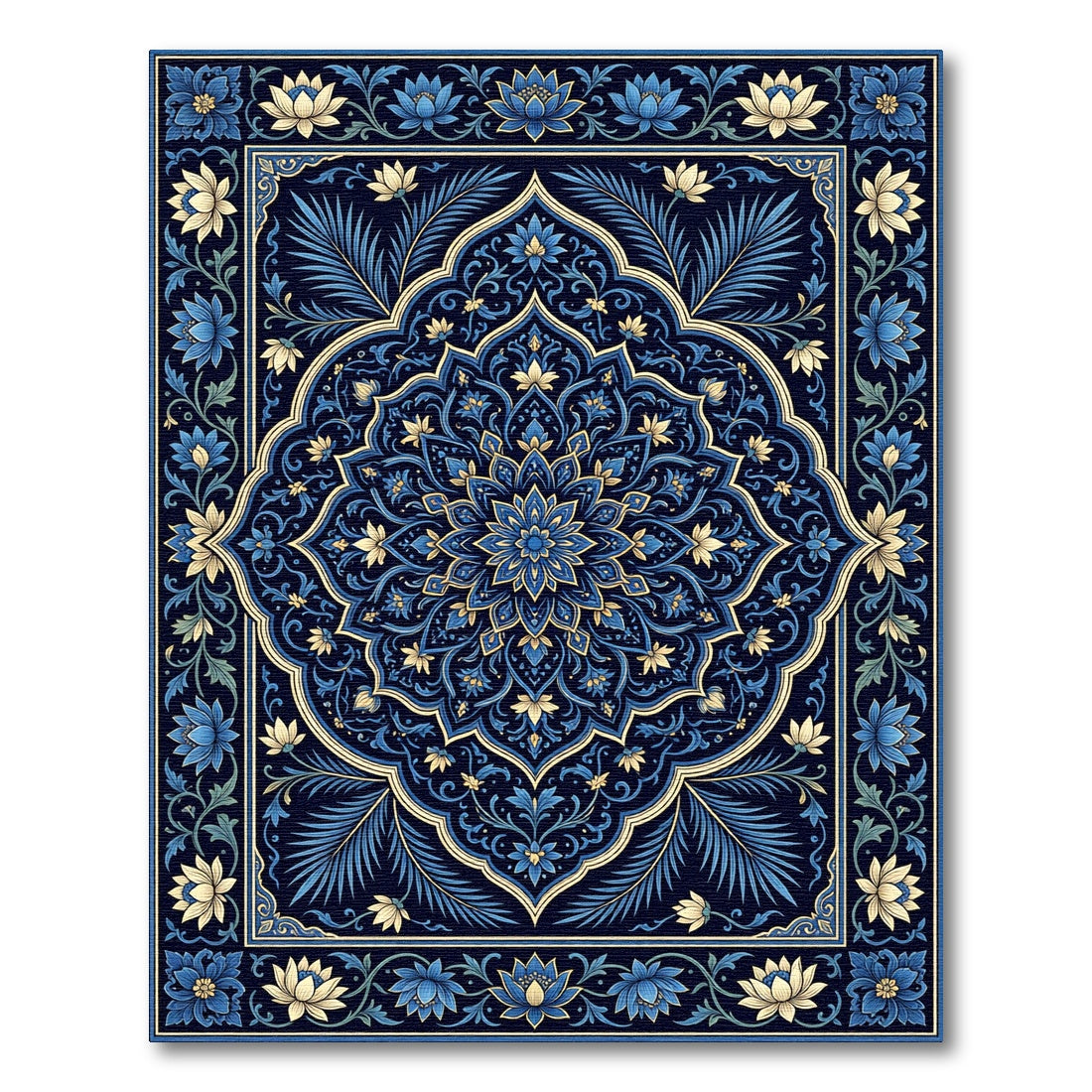 Deep Indigo Blue Floral Mandala Rug