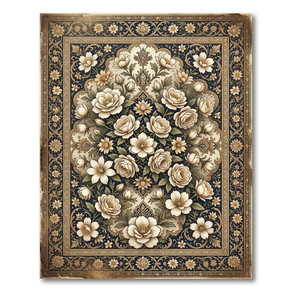 Cream Floral Arabesque Navy Rug