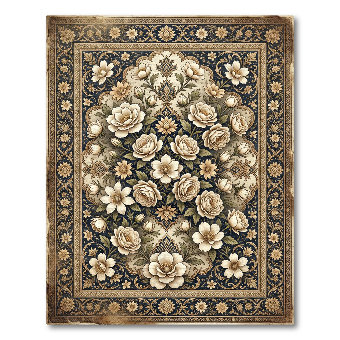 Cream Floral Arabesque Navy Rug