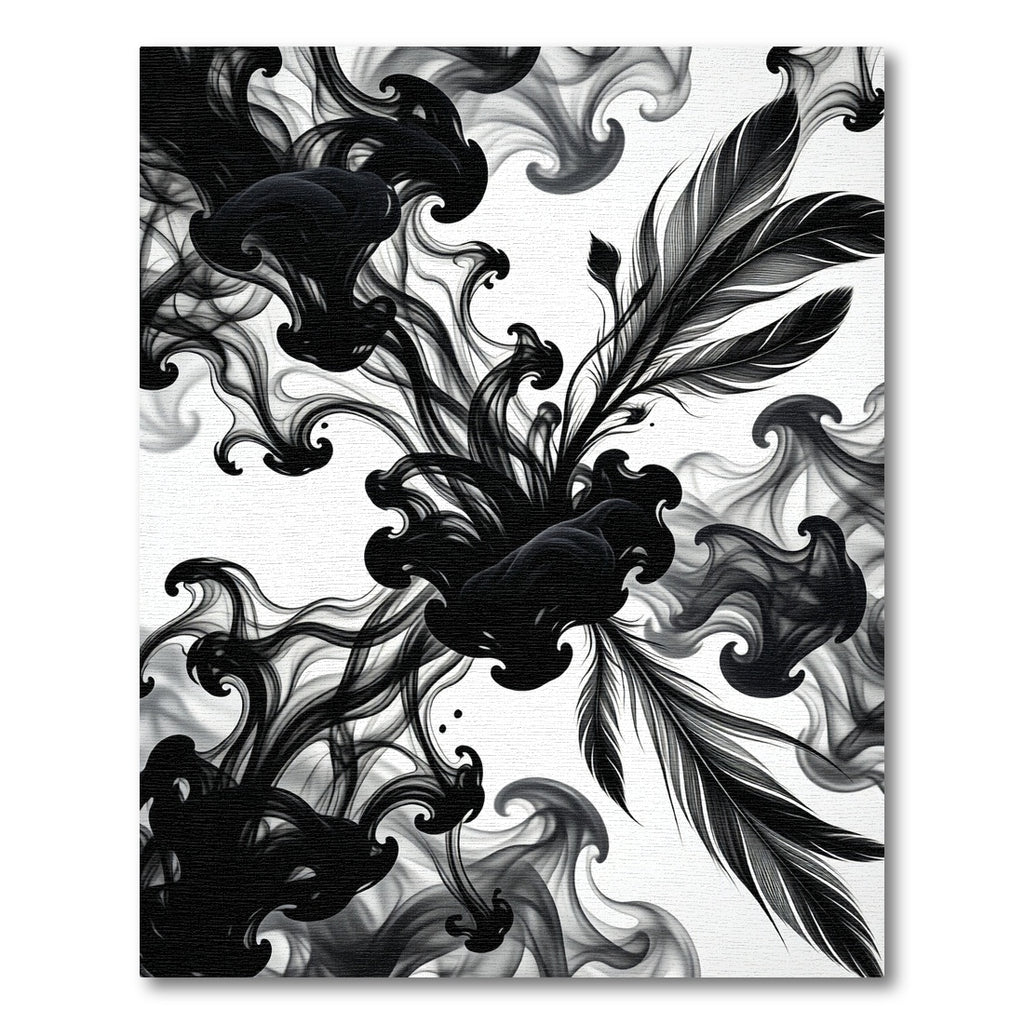 Black Ink Feather Swirl Abstraction Rug