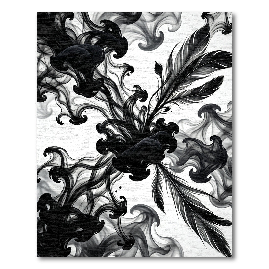 Black Ink Feather Swirl Abstraction Rug