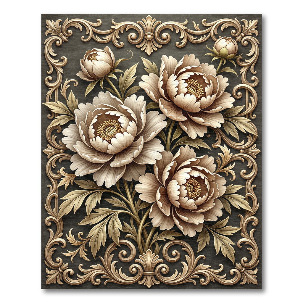 Golden Floral Scrollwork Peony Rug