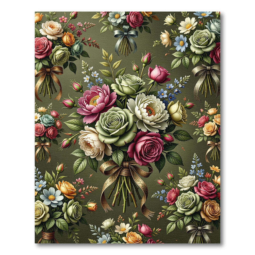 Classic Olive Green Rose Bouquet Rug