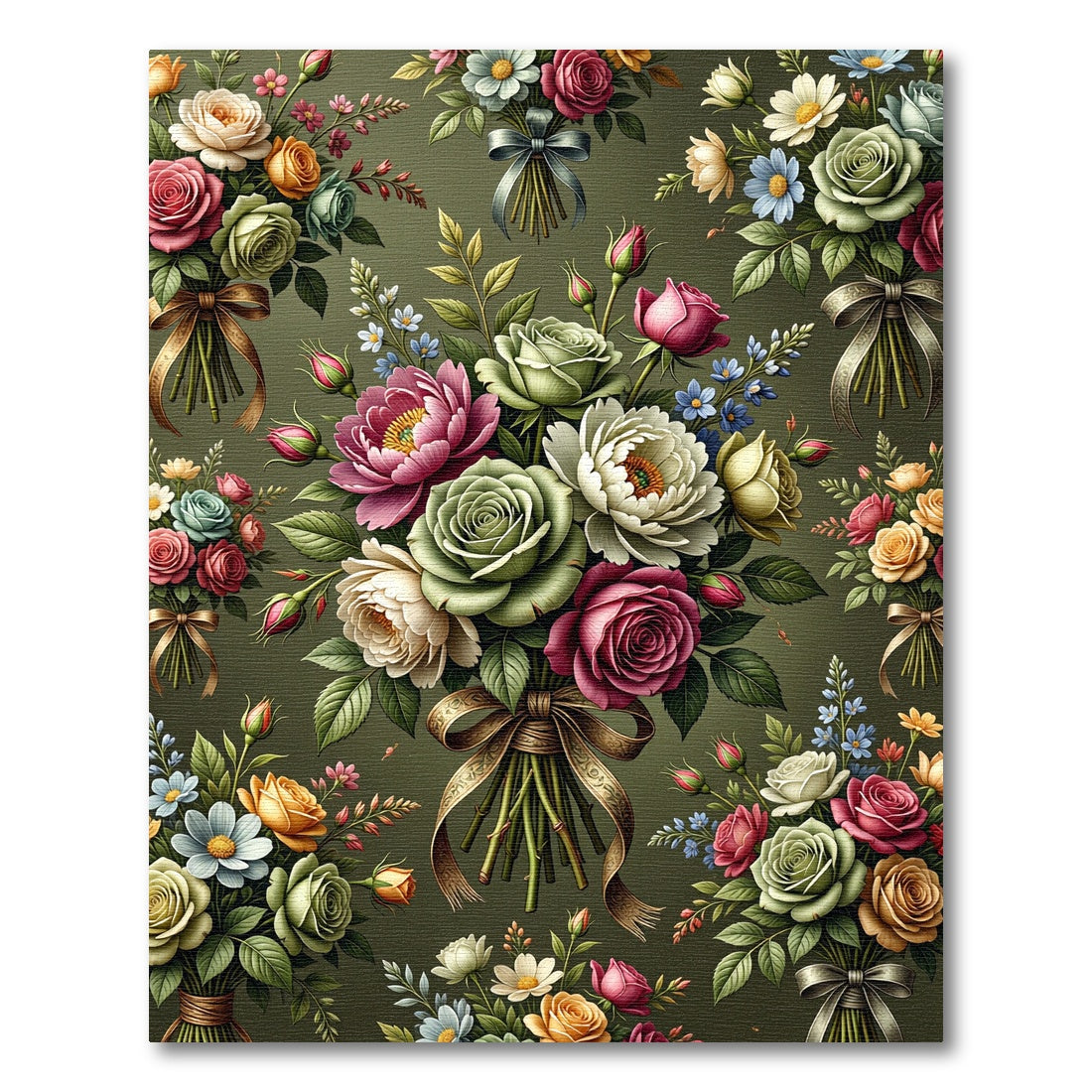 Classic Olive Green Rose Bouquet Rug