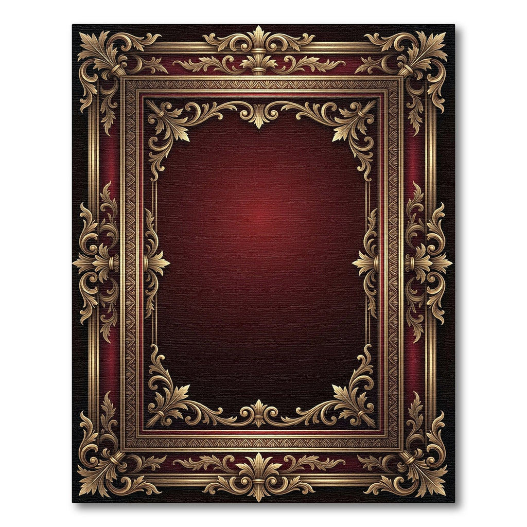 Ornate Regal Burgundy Gold Filigree Frame Rug