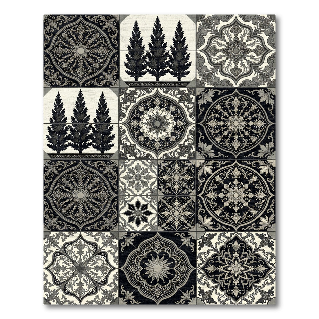 Monochromatic Filigree Tree Medallion Collage Rug