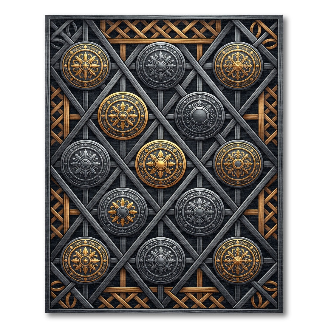 Metallic Gold and Silver Geometric Medallion Rug