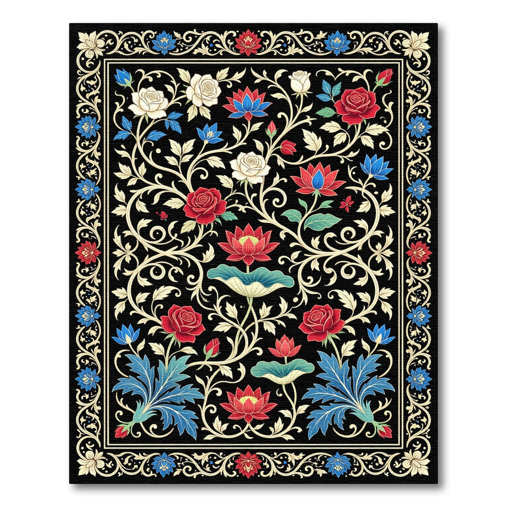 Midnight Floral Lotus and Rose Art Rug