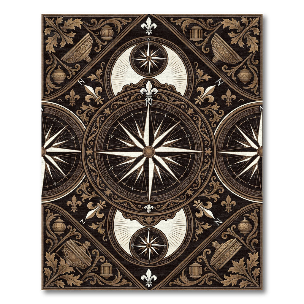 Ornate Compass Rose Fleur de Lis Rug