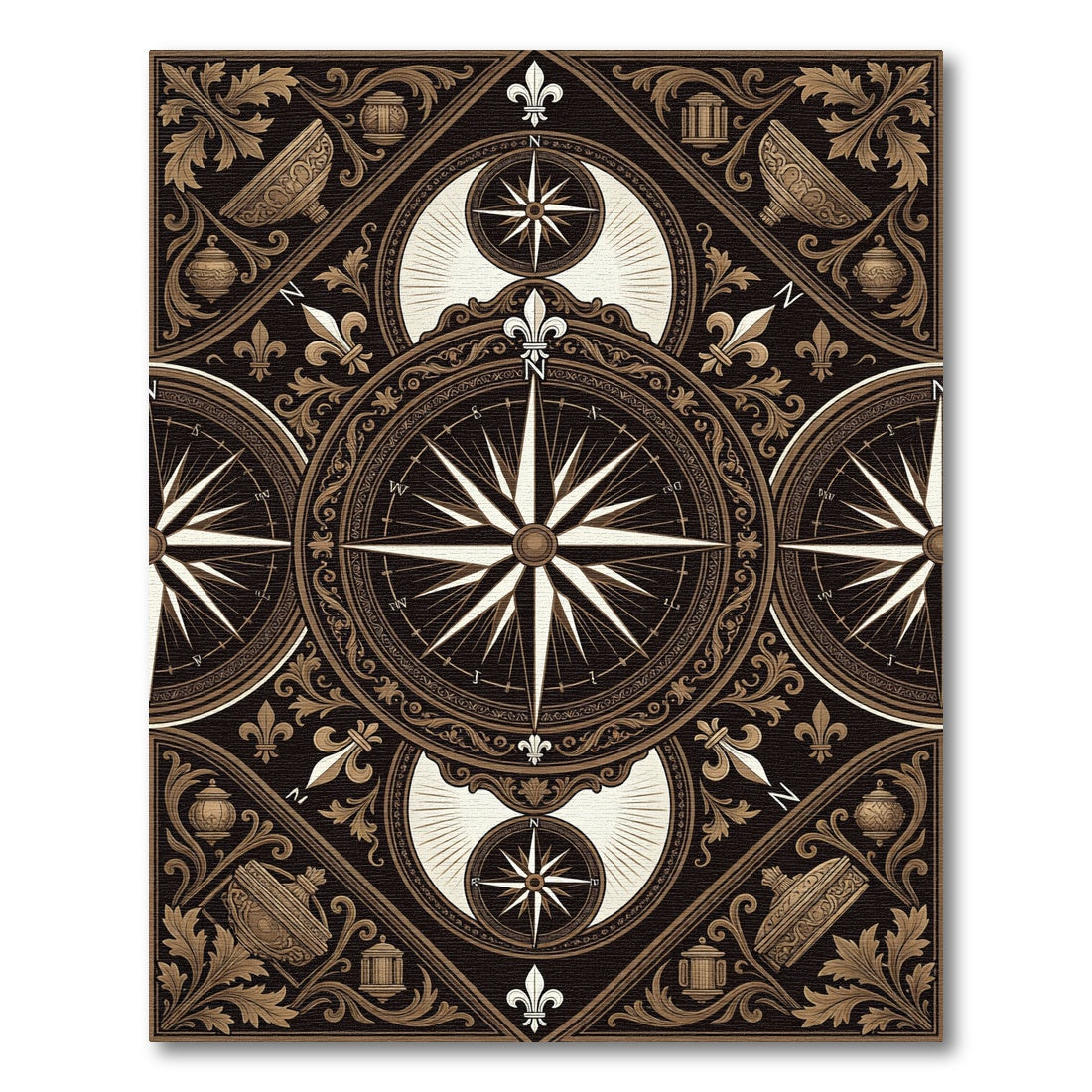 Ornate Compass Rose Fleur de Lis Rug