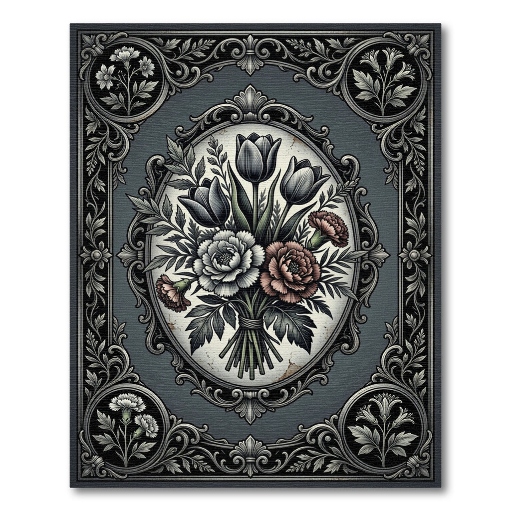 Antique Monochromatic Floral Bouquet Oval Frame Rug