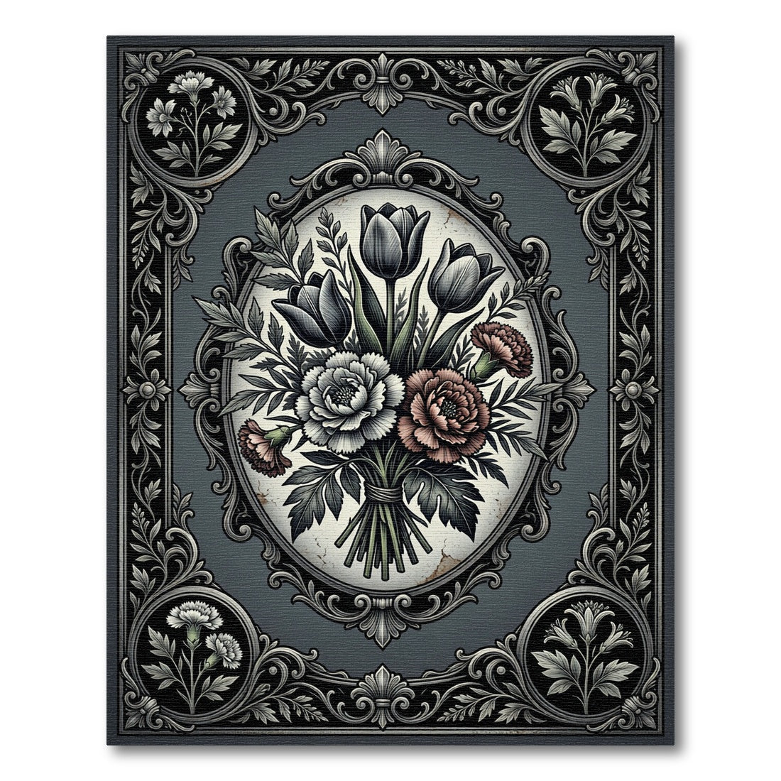 Antique Monochromatic Floral Bouquet Oval Frame Rug