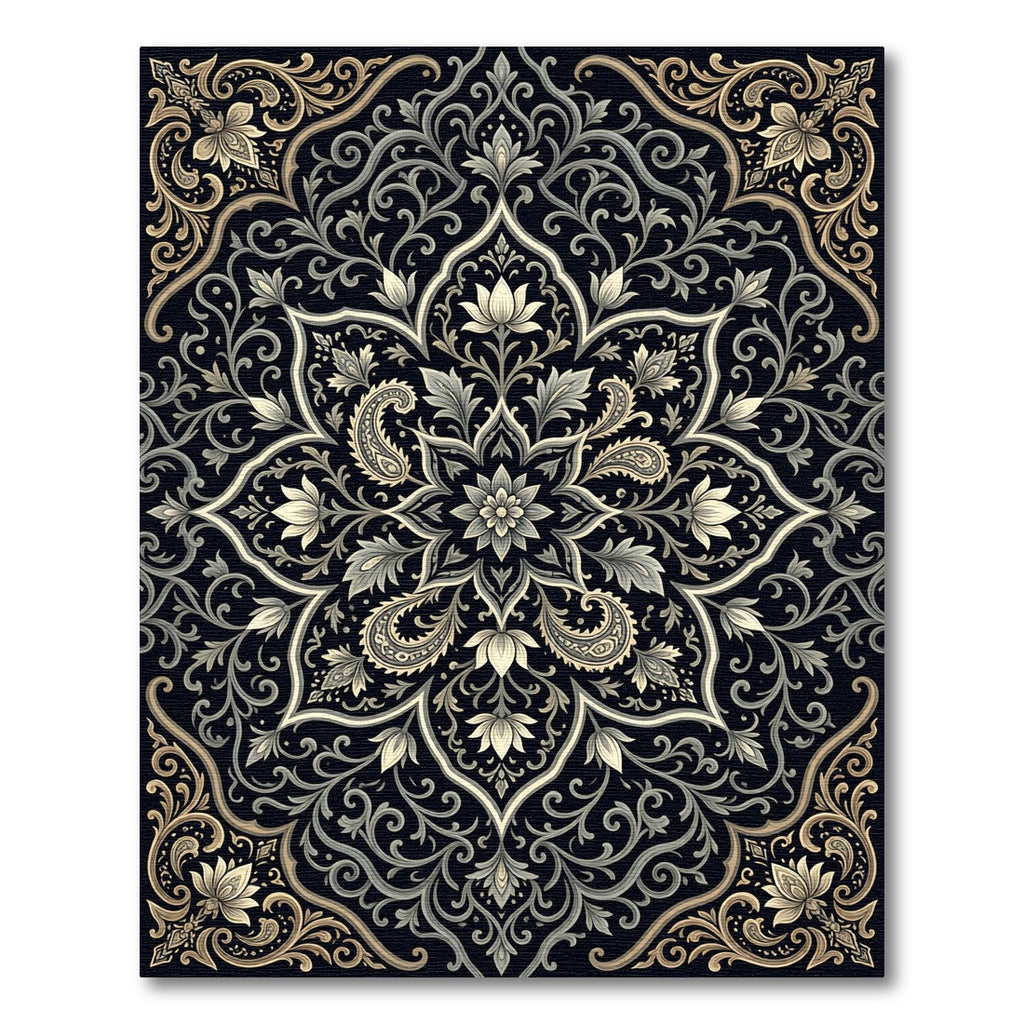 Intricate Black Gold Floral Medallion Rug