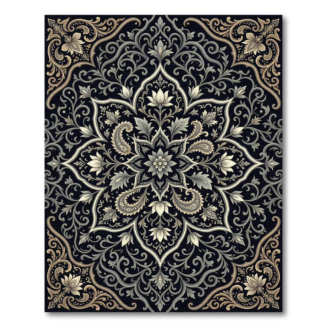 Intricate Black Gold Floral Medallion Rug