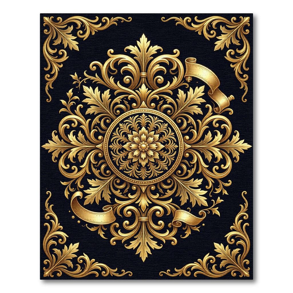 Ornate Gold Baroque Floral Medallion Rug