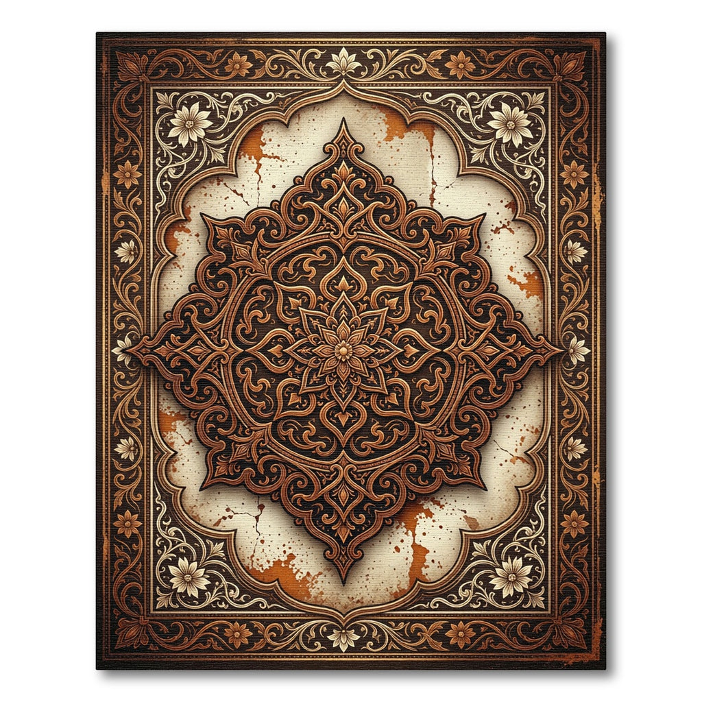 Ornate Brown Golden Floral Medallion Rug