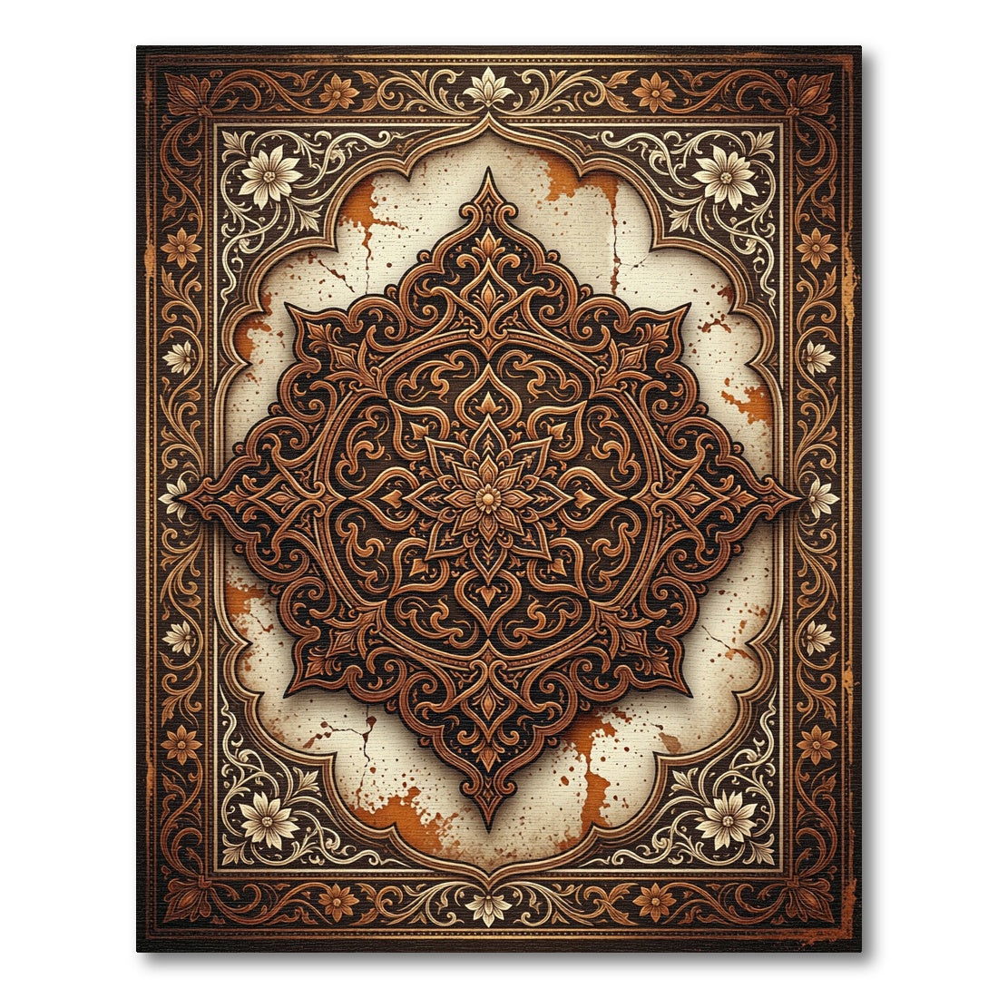 Ornate Brown Golden Floral Medallion Rug