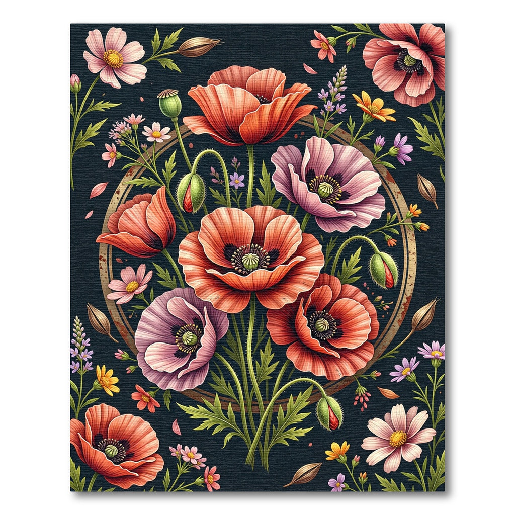 Vibrant Botanical Poppy Meadow Circle Rug