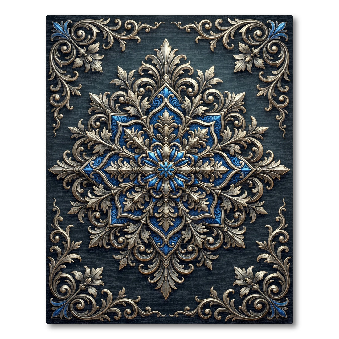 Opulent Gold and Navy Floral Medallion Rug