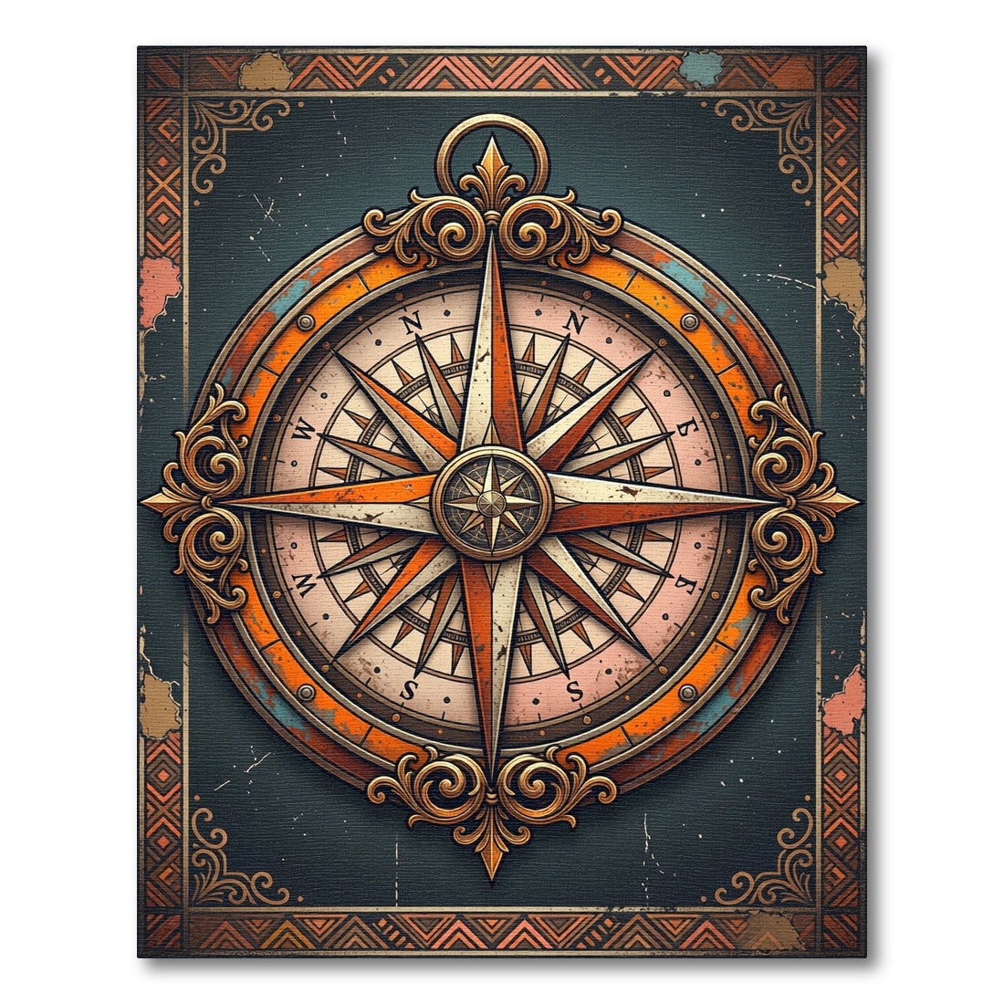 Vintage Compass Rose Ornate Border Rug