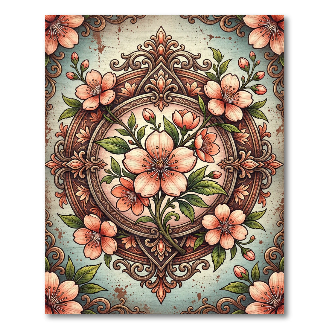 Elegant Peach Blossom Ornate Medallion Rug