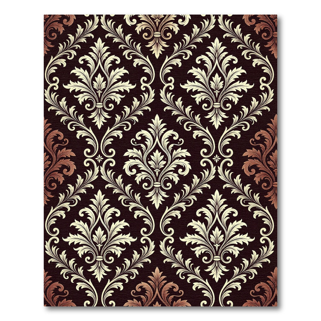 Antique Cream Damask Scrollwork Aubergine Rug
