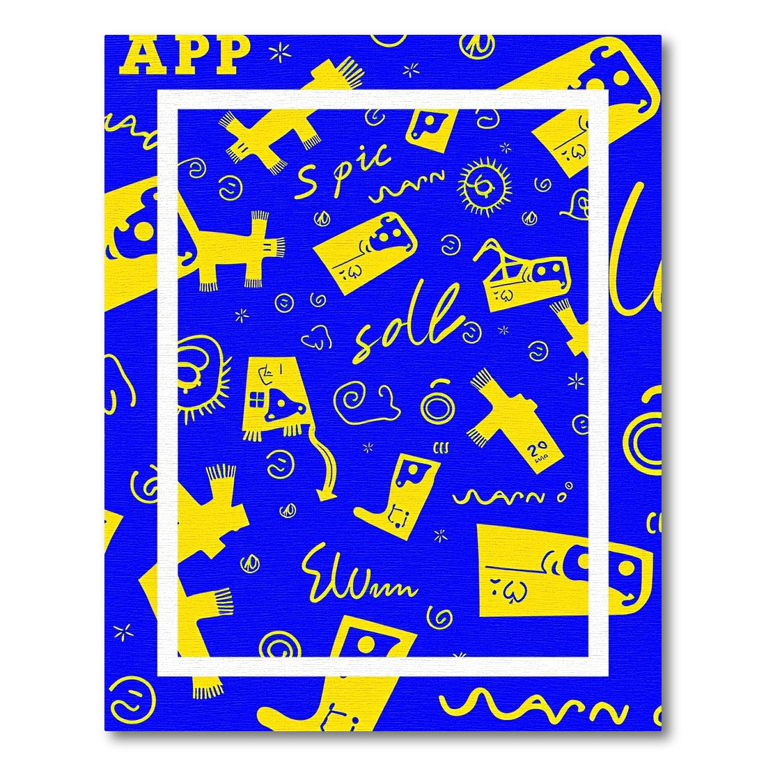 Bright Yellow Blue Whimsical Collage Rug