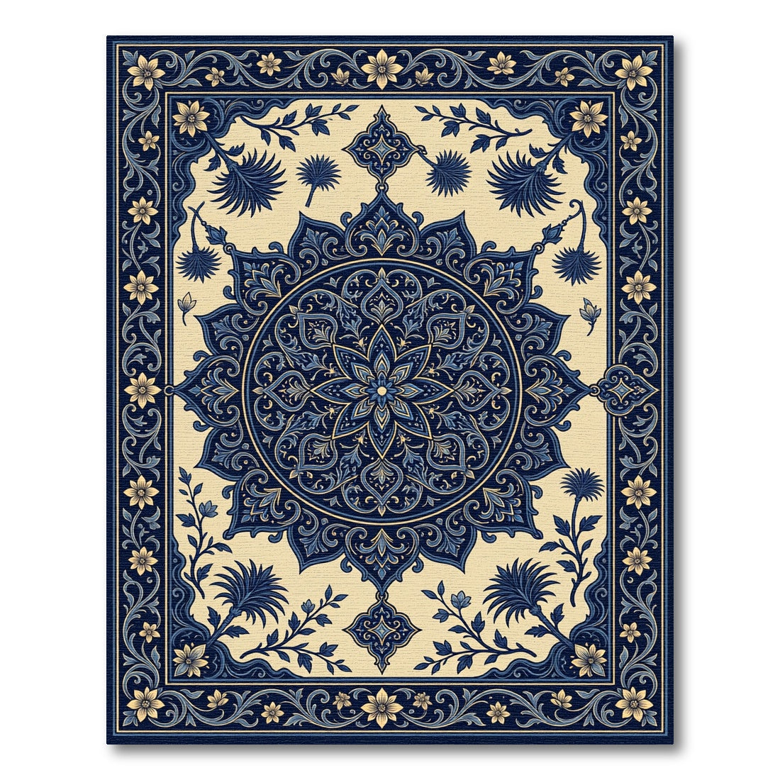Deep Blue Floral Medallion Border Rug