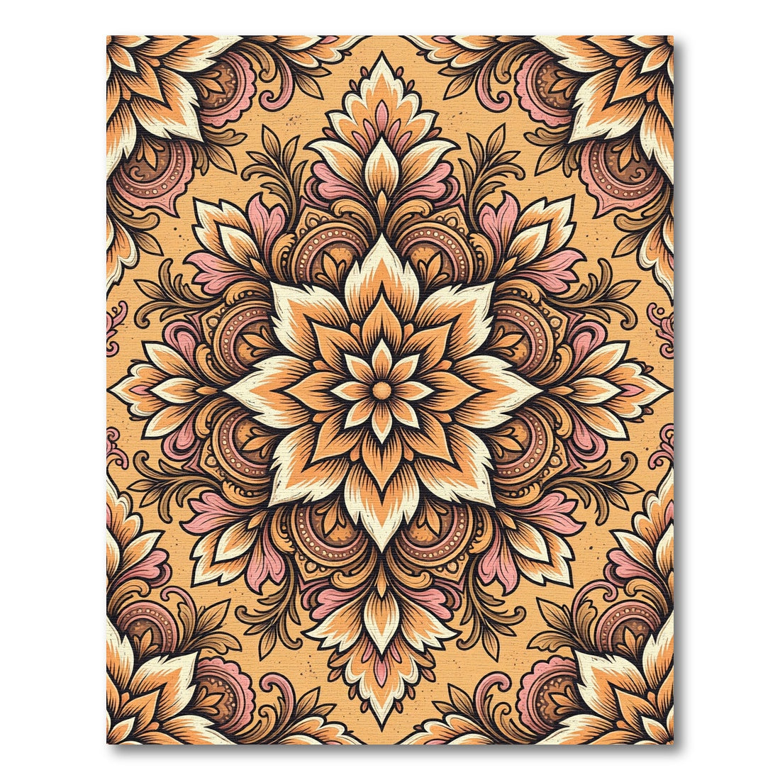 Ornate Golden Amber Floral Symmetry Rug
