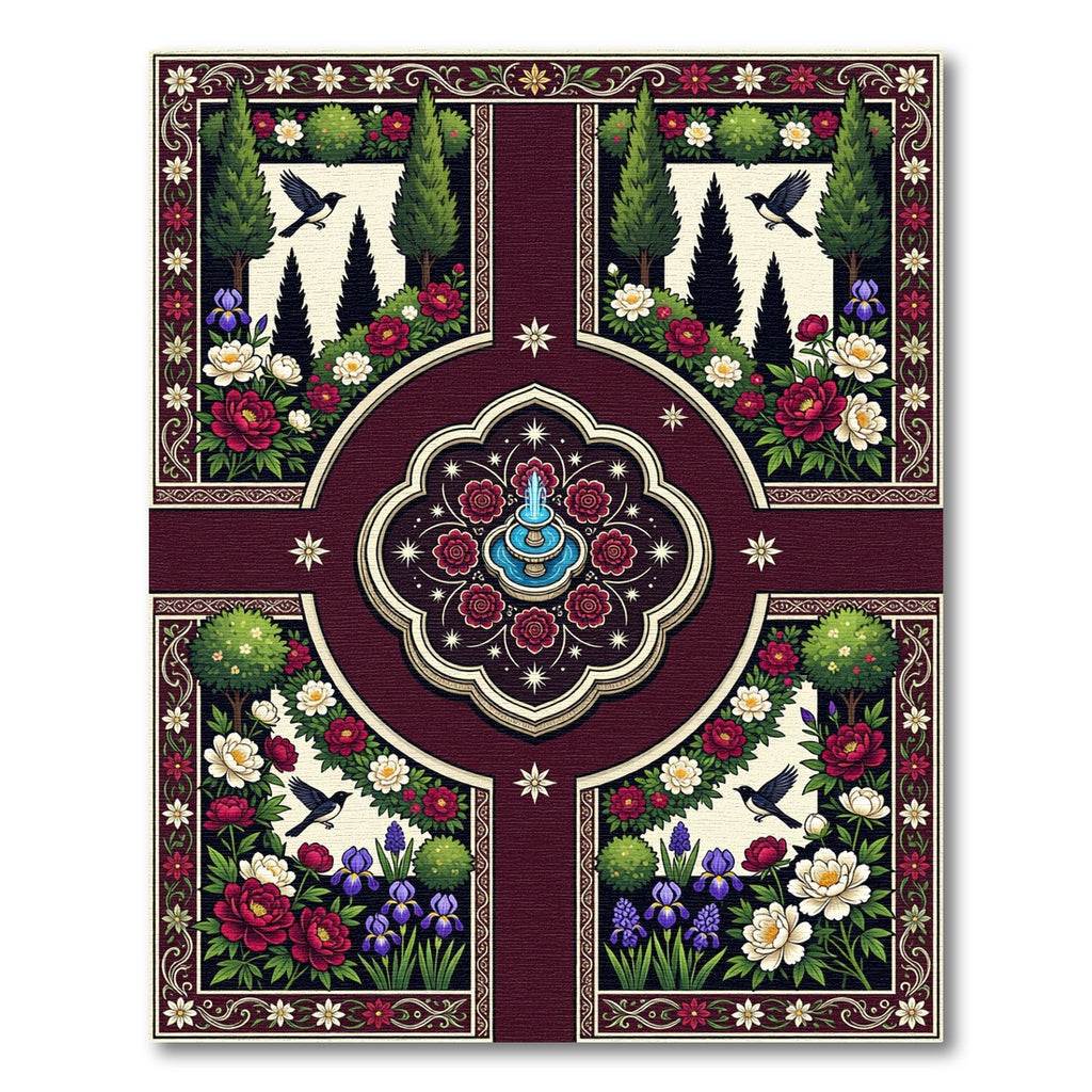 Crimson Floral Garden Fountain Birds Rug