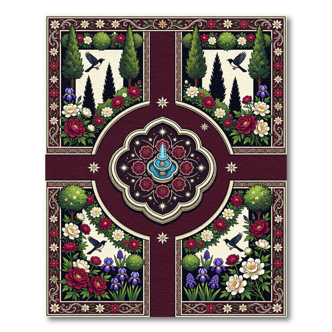 Crimson Floral Garden Fountain Birds Rug