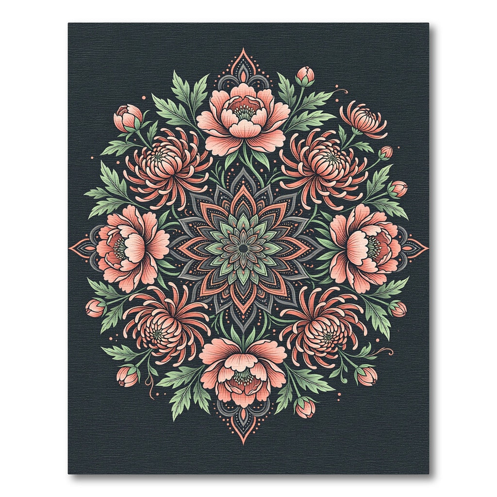 Coral Peony Chrysanthemum Dark Floral Medallion Rug