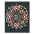 Coral Peony Chrysanthemum Dark Floral Medallion Rug