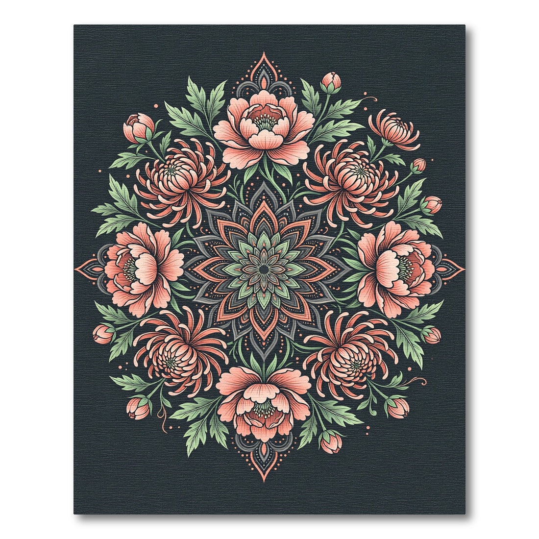 Coral Peony Chrysanthemum Dark Floral Medallion Rug