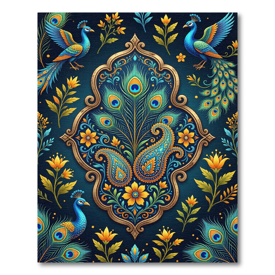 Ornate Peacock Feather Teal Gold Floral Rug